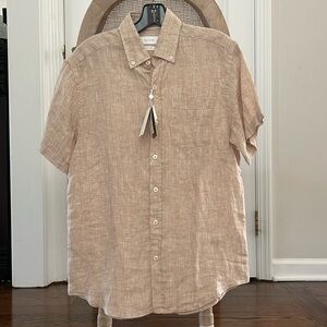 100% linen short sleeve, beige button-down shirt